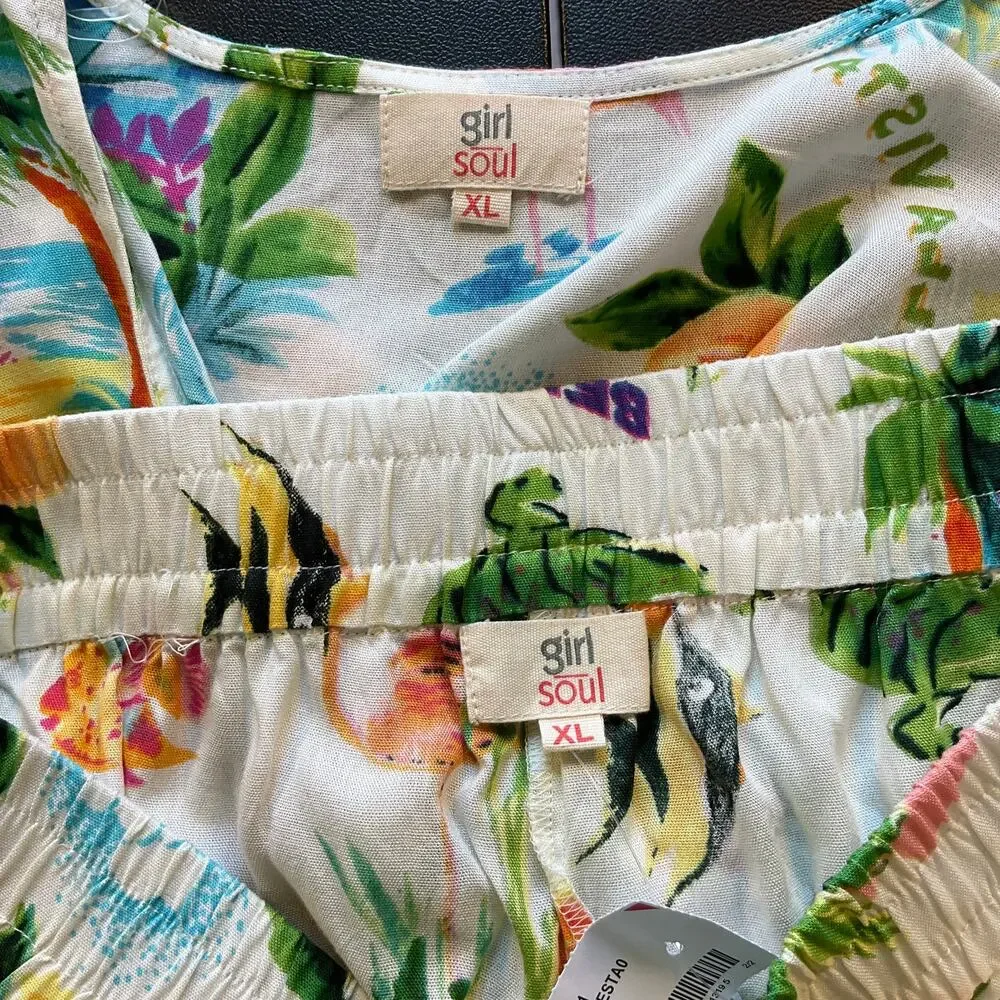 Girl Soul XL 2 Piece Set Tropical Print Tie Front Top Wide Leg Pants Bella Vista